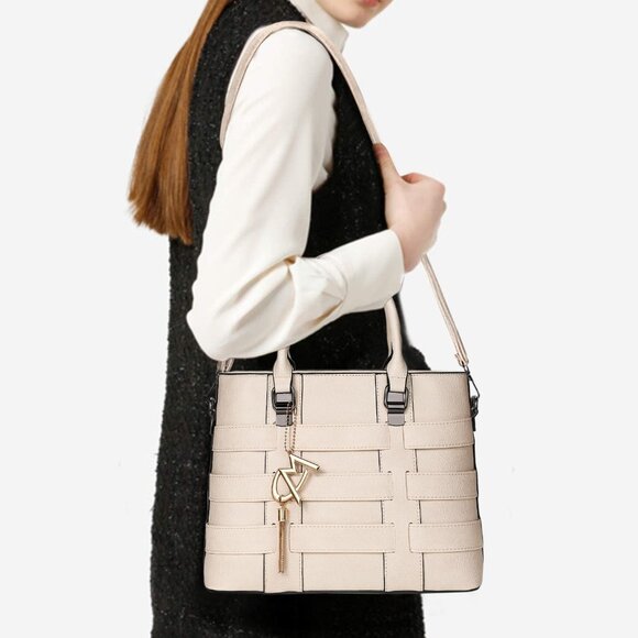 PU Leather Weave Beige Shoulder Bag for Women Elegant Top Handle Designer Purse - Picture 7 of 7